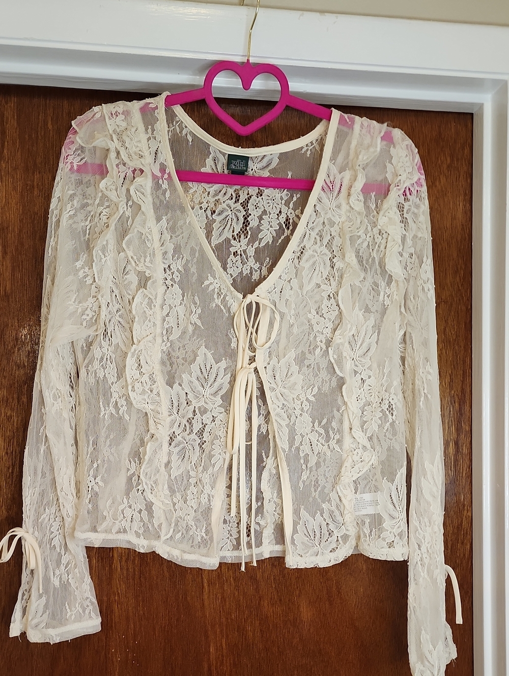 WILD FABLE Lace Frilly Ruffled Tie Sweater Like Ornamental Feminine Floral Top